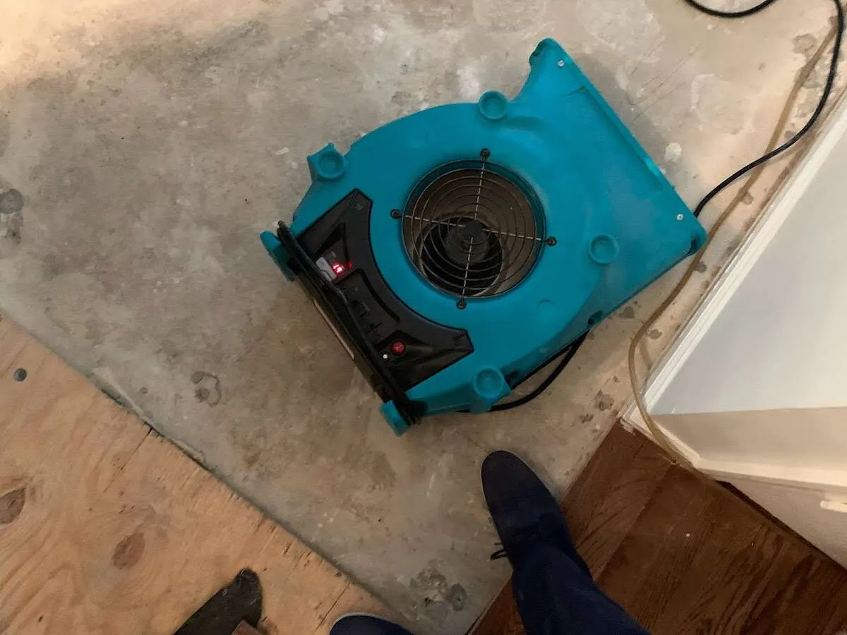 Air mover drying subfloor during Commercial Water Damage Restoration in Overlea